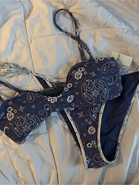 aerie Navy Blue Paisley Bandeau Bikini Set
